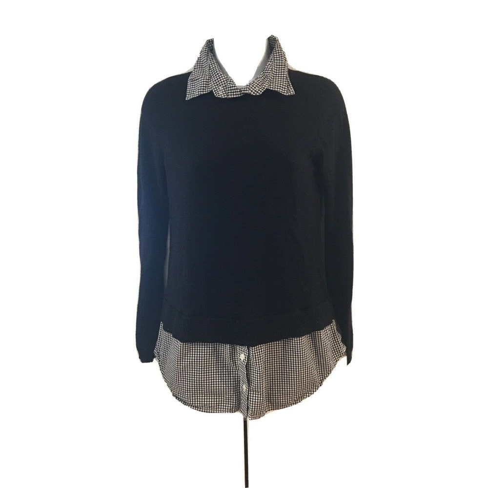 Vertical Design Sweater Shirt Womens Medium Black & Plaids‎ Long Sleeve Collared